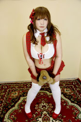 Rule 34 | 1girl, asian, bow, breasts, brown hair, chouzuki maryou, cleavage, female focus, glasses, hair bow, halterneck, high heels, highres, large breasts, midriff, necktie, photo (medium), plaid, plaid skirt, plump, skirt, solo, suspenders, thick thighs, thighhighs, thighs, twintails, zettai ryouiki