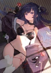 Rule 34 | 1girl, absurdres, black panties, bra, gloves, hair ornament, hairclip, highres, japanese clothes, kimono, lace, lace-trimmed bra, lace-trimmed panties, lace bra, lace collar, lace gloves, lace panties, lace trim, leg ribbon, lingerie, lying, mole, mole under eye, omelet tomato, on back, panties, ribbon, scan, solo, thigh ribbon, thighhighs, thighs, underwear, white thighhighs