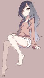 Rule 34 | 1girl, absurdres, arm support, barefoot, black hair, brown background, brown eyes, brown shirt, closed mouth, full body, gradient hair, grey hair, highres, light smile, long hair, long sleeves, looking at viewer, multicolored hair, original, shirt, short shorts, shorts, simple background, sleeves past wrists, solo, swept bangs, very long hair, white shorts, yamamoto souichirou