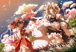 Rule 34 | 2girls, blonde hair, bloomers, bow, broom, brown hair, detached sleeves, female focus, from below, gohei, grass, hair bow, hakurei reimu, hat, japanese clothes, kirisame marisa, large bow, long hair, midriff, mikan (bananoha), miko, multiple girls, nature, navel, outdoors, ribbon, short hair, standing, sunset, touhou, underwear, wink, witch, witch hat, yellow eyes