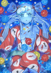 Rule 34 | 1girl, :o, animal print, bag, bagged fish, blue eyes, blue hair, blue skin, blush, breasts, colored skin, commentary, fish, fish print, goldfish print, goldfish scooping, highres, in water, japanese clothes, kimono, long hair, lying, monster girl, on back, open clothes, open kimono, original, red kimono, sakoku (oyatsu3ji ), sidelocks, slime girl, small breasts, symbol-only commentary, twintails, water yoyo