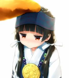 Rule 34 | 10s, 1girl, :&gt;, amayadori machi, animal, bear, black hair, blue vest, blush, brown eyes, claws, collarbone, furrowed brow, goribote, headband, japanese clothes, jewelry, kimono, kumai natsu, kumamiko, low twintails, mirror, necklace, nose blush, pearl necklace, pendant, headpat, red eyes, ribbon, short sleeves, simple background, solo focus, twintails, vest, white background, white ribbon