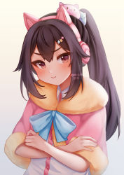Rule 34 | 1girl, :t, animal ear headphones, blue bow, blue bowtie, blush, bow, bowtie, brown eyes, brown hair, capelet, cat ear headphones, closed mouth, crossed arms, fake animal ears, headphones, highres, long hair, looking at viewer, original, ponytail, pout, simple background, solo, temachii, upper body, white background