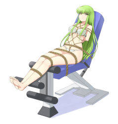 Rule 34 | 1girl, arms behind back, barefoot, bdsm, bondage, bound, bra, breasts, c.c., cleavage, code geass, commission, full body, green hair, highres, long hair, medium breasts, panties, parted lips, rope, shibari, soles, solo, underwear, underwear only, very long hair, white background, white bra, white panties, yellow eyes, yoshiiaki