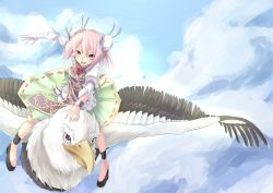 Rule 34 | 1girl, bad id, bad pixiv id, bandages, bird, chain, cloud, cuffs, day, double bun, eagle, female focus, flower, flying, ibaraki kasen, long sleeves, looking at viewer, open mouth, outstretched arm, pink eyes, pink hair, red flower, red rose, rose, saraki, shackles, short hair, sitting, skirt, sky, smile, solo, tabard, thorns, touhou