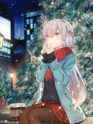 Rule 34 | 1girl, anastasia (fate), black pantyhose, black sweater, blue eyes, blue jacket, blurry, blurry background, building, christmas, christmas tree, commentary, fate/grand order, fate (series), green eyes, hairband, highres, jacket, kyaroru, light, long hair, long sleeves, outdoors, pantyhose, red scarf, red skirt, revision, scarf, silver hair, sitting, skirt, solo, sweater, very long hair