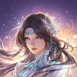 Rule 34 | 1girl, artist request, bare shoulders, black hair, blue dress, brown hair, butterfly hair ornament, closed mouth, clothing cutout, douluo dalu, dress, fireworks, floating hair, hair ornament, highres, long hair, night, ning rongrong (douluo dalu), ornament, second-party source, smile, solo, star (sky), upper body