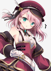 Rule 34 | 1girl, ^^^, bare shoulders, belt, black bow, black skirt, bow, breasts, brooch, charlotte (genshin impact), commentary request, feathers, frilled sleeves, frills, genshin impact, gloves, grey background, hat, hat feather, jewelry, long sleeves, medium breasts, parted lips, peaked cap, pleated skirt, puffy long sleeves, puffy sleeves, red hat, red sleeves, shirogane hina, shirt, simple background, skirt, sleeveless, sleeveless shirt, sleeves past wrists, solo, striped, striped bow, white belt, white feathers, white gloves, white shirt