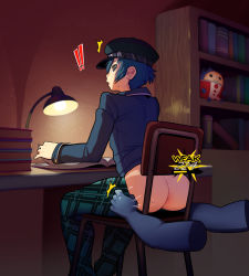 Rule 34 | !, !!, 1girl, ^^^, anus, ass, black hat, blue hair, cabbie hat, chair, character doll, clothes pull, commission, crossdressing, disembodied limb, from behind, gakuran, gameplay mechanics, hat, highres, imminent anal, imminent penetration, indoors, kuma (persona 4), looking back, no panties, noill, nude, on chair, pants, pants pull, persona, persona 4, pulling another&#039;s clothes, reading, school uniform, shirogane naoto, short hair, sitting, solo, solo focus, surprised, uncensored, unmoving pattern, yasogami school uniform