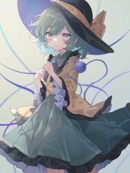 Rule 34 | 1girl, black hat, closed mouth, commentary, green eyes, green hair, green skirt, grey background, hat, hat ribbon, heart, heart of string, highres, komeiji koishi, long sleeves, looking at viewer, re re merry, ribbon, shirt, short hair, skirt, smile, solo, third eye, touhou, yellow ribbon, yellow shirt