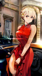 Rule 34 | 1girl, 3boys, :o, absurdres, bare shoulders, blonde hair, breasts, building, car, china dress, chinese clothes, commentary, dress, english commentary, funi mu9, head tilt, highres, large breasts, looking at another, lycoris recoil, mission: impossible, motor vehicle, multiple boys, nishikigi chisato, out of frame, parted bangs, parted lips, red dress, red eyes, red ribbon, ribbon, short hair, side slit, sidelocks, sleeveless, sleeveless dress, solo focus, thighs, window, wrist ribbon