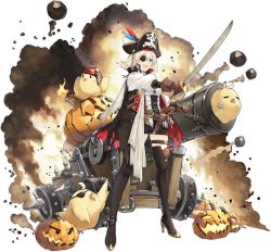 Rule 34 | 1girl, animal, artist request, azur lane, belt, blonde hair, blue eyes, boots, breasts, cannon, coat, earrings, explosion, eyepatch, fire, full body, gloves, gold trim, hat, high heel boots, high heels, highres, holding, holding sword, holding weapon, jack-o&#039;-lantern, jewelry, looking at viewer, manjuu (azur lane), official art, oklahoma (azur lane), oklahoma (piratey transformation!) (azur lane), open clothes, open mouth, pirate, pirate costume, pirate hat, short hair, simple background, skirt, small breasts, smile, sword, teeth, thigh boots, thigh strap, thighhighs, torn clothes, transparent background, upper teeth only, weapon, zettai ryouiki
