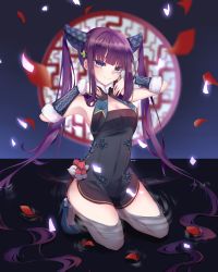 Rule 34 | 1girl, absurdres, bare shoulders, black dress, blue background, blue eyes, blunt bangs, blush, breasts, china dress, chinese clothes, cleavage, closed mouth, covered navel, detached sleeves, dress, fate/grand order, fate (series), gradient background, hair ornament, hands up, high heels, highres, kanayell, kneeling, leaf hair ornament, long hair, looking at viewer, medium breasts, partially submerged, petals, purple hair, short dress, side slit, sidelocks, smile, solo, thighs, twintails, very long hair, water, yang guifei (fate), yang guifei (second ascension) (fate)
