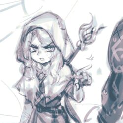 Rule 34 | 1boy, 1girl, belt, blush, capelet, grey background, hood, hood up, hooded capelet, league of legends, long hair, lux (league of legends), phantom ix row, pointing, pointing at another, shirt, simple background, sketch, skirt, solo focus, staff, sylas (league of legends), tearing up, v-shaped eyebrows