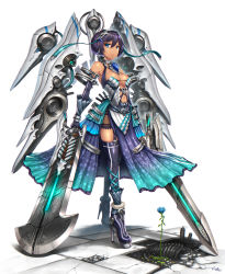 Rule 34 | 1girl, bare shoulders, blue eyes, boots, breasts, closed mouth, dark-skinned female, dark skin, dress, elbow gloves, fingerless gloves, flower, frown, full body, gia, gloves, hair between eyes, high heel boots, high heels, highres, holding, holding sword, holding weapon, looking at viewer, machinery, mecha, medium breasts, navel, original, purple dress, purple hair, purple thighhighs, robot, short hair, signature, simple background, solo, standing, sword, thighhighs, v-shaped eyebrows, weapon, white background