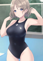 Rule 34 | 1girl, absurdres, arhah, bad id, bad pixiv id, black one-piece swimsuit, blue eyes, breasts, chain-link fence, commentary request, competition swimsuit, cowboy shot, day, fence, grey hair, highres, large breasts, logo, looking at viewer, love live!, love live! sunshine!!, one-piece swimsuit, outdoors, pool, short hair, solo, standing, swimsuit, watanabe you, wet