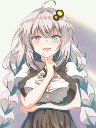 Rule 34 | 1girl, ahoge, black dress, blue eyes, blush, braid, breasts, cleavage, commentary, commentary request, dress, finger to own chin, kizuna akari, large breasts, long hair, looking at viewer, puffy sleeves, shirayume (shirayumetei), shirt, short sleeves, sidelocks, silver hair, simple background, smile, solo, striped clothes, striped shirt, twin braids, vertical-striped clothes, vertical-striped shirt, vocaloid, voiceroid, white shirt