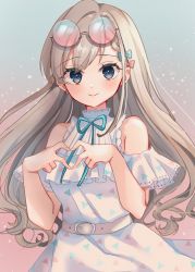 Rule 34 | 1girl, bare shoulders, belt, belt buckle, blue bow, blue eyes, blush, bow, buckle, closed mouth, dress, earrings, eyewear on head, finger heart, gradient background, green background, hair bow, hair strand, heart, heart hands, highres, hisakawa hayate, idolmaster, idolmaster cinderella girls, idolmaster cinderella girls starlight stage, jewelry, light particles, long hair, looking at viewer, neck ribbon, own hands together, pink background, pink bow, ribbon, rino cnc, round eyewear, smile, solo, sunglasses, swept bangs, wavy hair, white belt, white dress