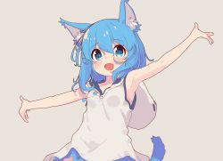 Rule 34 | 1girl, animal ear fluff, animal ears, aoi tori, armpits, arms up, blue eyes, blue hair, cat ears, cat tail, dress, grey background, highres, hood, open mouth, original, outstretched arms, short dress, short hair, simple background, sleeveless, sleeveless dress, smile, solo, tail, teru-chan (aoi tori), upper body, white dress