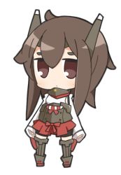Rule 34 | 1girl, ahoge, armor, armored boots, bike shorts, boots, brown eyes, brown hair, chibi, full body, highres, kantai collection, nuu (nu-nyu), short hair, simple background, solo, standing, taihou (kancolle), white background