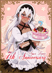 1girl absurdres alternate_costume anniversary azur_lane black_corset black_skirt blush bodypaint border breasts cake commentary_request corset cowboy_shot crossed_bangs dark-skinned_female dark_skin dress enmaided facepaint food frilled_dress frills hair_between_eyes highres holding holding_plate long_bangs long_hair looking_at_viewer maid maid_headdress medium_breasts minneapolis_(azur_lane) murasaki_tsutsuji open_mouth ornate_border pink_background plate red_eyes skirt smile solo very_long_hair white_dress white_hair