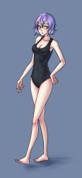Rule 34 | 1girl, absurdres, barefoot, black one-piece swimsuit, breasts, cleavage, digimon, digimon world re:digitize, full body, glasses, hand on own hip, highres, large breasts, mikagura mirei, monorus, one-piece swimsuit, purple eyes, purple hair, short hair, solo, swimsuit