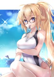 Rule 34 | 1girl, ahoge, black-framed eyewear, blonde hair, blue eyes, blush, breast hold, breasts, cloud, collarbone, commentary request, competition swimsuit, day, dolphin, fate/grand order, fate (series), glasses, hair between eyes, hane yuki, highres, jeanne d&#039;arc (fate), jeanne d&#039;arc (ruler) (fate), jeanne d&#039;arc (swimsuit archer) (fate), jeanne d&#039;arc (swimsuit archer) (second ascension) (fate), large breasts, long hair, looking at viewer, ocean, one-piece swimsuit, smile, solo, sparkle, swimsuit, thighs, very long hair, wet, whistle, whistle around neck