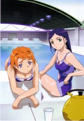 Rule 34 | 00s, 2girls, absurdres, bent over, blue one-piece swimsuit, breast rest, breasts, cleavage, competition swimsuit, crossed arms, day, diving block, highres, hisayuki hirokazu, kettle, kuga natsuki, looking back, multiple girls, my-hime, official art, one-piece swimsuit, outdoors, pool, poolside, skinny, swimsuit, tokiha mai