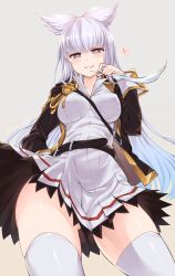 Rule 34 | 10s, 1girl, akanagi youto, animal ears, breasts, brown eyes, feathers, from below, granblue fantasy, heart, highres, jacket, korwa, open clothes, open jacket, quill, silver hair, simple background, skirt, solo, thighhighs, white thighhighs