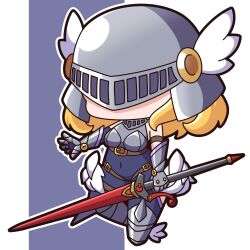 Rule 34 | 1girl, absurdres, armor, armored boots, bare shoulders, blonde hair, blue bodysuit, bodysuit, boots, breastplate, chibi, commentary request, covered navel, feathered wings, full body, gauntlets, grey background, grey helmet, helmet, highres, holding, holding weapon, long hair, low wings, original, outline, outstretched arm, saishosaisekojo, solo, spiked boots, standing, standing on one leg, two-tone background, weapon, weapon request, white background, white outline, white wings, wings