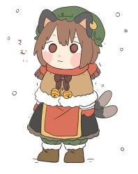 Rule 34 | 1girl, :3, animal ears, bell, black skirt, blush, boots, brown eyes, brown hair, capelet, cat ears, cat tail, chen, chibi, citrus (place), earrings, full body, fur trim, hat, jewelry, jingle bell, mob cap, multiple tails, nekomata, pants, red scarf, red tabard, scarf, short hair, simple background, single earring, skirt, snowing, solo, standing, tabard, tail, touhou, two tails, white background, winter clothes