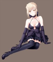 Rule 34 | 1girl, alternate costume, arm support, artoria pendragon (all), artoria pendragon (fate), bad id, bad pixiv id, bare shoulders, black dress, black gloves, black thighhighs, blonde hair, braid, collarbone, dress, elbow gloves, fate/grand order, fate/stay night, fate (series), french braid, frilled skirt, frills, full body, gloves, halterneck, high heels, kurage1, looking at viewer, saber (fate), saber alter, short dress, simple background, sitting, skirt, solo, thighhighs, yellow eyes, yokozuwari