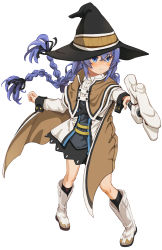 Rule 34 | 1girl, black hat, black socks, blue eyes, blue hair, blush, boots, boshi (a-ieba), braid, brown jacket, collared dress, dress, female focus, foreshortening, frown, full body, hair between eyes, hat, highres, jacket, long hair, mage staff, mushoku tensei, roxy migurdia, simple background, skirt, socks, solo, twin braids, twintails, white background, witch, witch hat