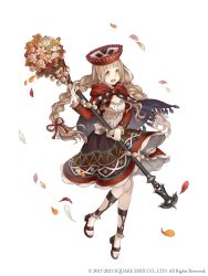 Rule 34 | 1girl, :d, blonde hair, bouquet, braid, breasts, cloak, flower, full body, hair ribbon, hat, highres, holding, holding staff, ji no, long hair, looking at viewer, official art, open mouth, orange eyes, petals, red riding hood (sinoalice), ribbon, sandals, sinoalice, small breasts, smile, solo, square enix, staff, teeth, twin braids, upper teeth only, white background