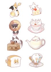 Rule 34 | :3, :t, absurdres, anus, bad id, bad pixiv id, biting, blush stickers, bread, cake, cake slice, cat, closed mouth, cup, doughnut, food, fruit, full body, head tilt, heart, highres, loaf of bread, looking at viewer, lying, no humans, nut, nut (food), on back, open mouth, original, profile, reirou (chokoonnpu), roman numeral, saucer, simple background, sitting, solid oval eyes, spoon, strawberry, teacup, teapot, white background