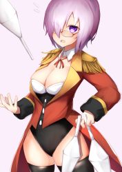 Rule 34 | 1girl, absurdres, black leotard, black thighhighs, blush, breasts, buttons, cleavage, coattails, detached collar, epaulettes, fate/grand order, fate (series), glasses, hair over one eye, highres, jacket, juggling club, large breasts, leotard, light purple hair, long sleeves, looking at viewer, mash kyrielight, mash kyrielight (welcome to the travelling circus!), nanakaku, official alternate costume, open mouth, purple eyes, red jacket, short hair, solo, thighhighs, thighs, welcome to the travelling circus!