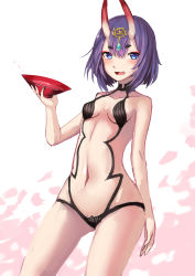 Rule 34 | 1girl, alcohol, arched back, blue eyes, blush, breasts, collarbone, cowboy shot, cup, fang, fate/grand order, fate (series), gem, hair between eyes, hand up, highres, horns, looking at viewer, navel, open mouth, purple hair, revealing clothes, sakazuki, sake, short hair with long locks, shuten douji (fate), skin-covered horns, small breasts, smile, solo, thick eyebrows, wenhe, white background