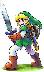 1boy absurdres blonde_hair brown_footwear commentary crossover english_commentary highres holding holding_sword holding_weapon link mario_&amp;_luigi_rpg mario_(series) mast3r-rainb0w nintendo open_mouth pointy_ears sheath shield sword teeth the_legend_of_zelda tongue upper_teeth_only weapon