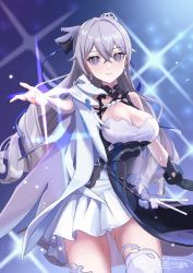 Rule 34 | 1girl, arin (1010 ssu), black gloves, breasts, bronya zaychik, bronya zaychik (silverwing: n-ex), cleavage, closed mouth, dress, drill hair, earrings, gloves, grey eyes, grey hair, highres, honkai (series), honkai impact 3rd, jewelry, large breasts, long hair, looking at viewer, outstretched arm, single glove, smile, solo, thighhighs, twin drills, white dress, white thighhighs