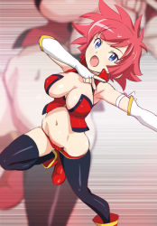 Rule 34 | 10s, 1girl, black thighhighs, blue eyes, breasts, cutie honey, cutie honey: tears, cutie honey (character), fingerless gloves, gloves, haruyama kazunori, navel, open mouth, pussy, pussy peek, red hair, robot girls z, short hair, solo, thighhighs, white gloves, zoom layer