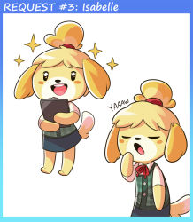 Rule 34 | 1girl, animal crossing, animal ears, bad id, bad tumblr id, blonde hair, blush stickers, clipboard, dog ears, dog girl, dog tail, closed eyes, furry, furry female, isabelle (animal crossing), mary cagle, multiple views, nintendo, open mouth, round teeth, smile, tail, teeth, topknot, yawning