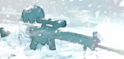 Rule 34 | 1girl, aiming, androgynous, assault rifle, bipod, black hair, blue eyes, blurry, commentary, depth of field, finger on trigger, gloves, gun, highres, original, outdoors, rifle, scope, seallllion, sig sg550, sig sg550, snow, snowing, solo, weapon