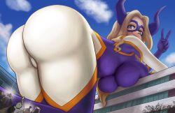 Rule 34 | 1girl, artclonov (60170343), ass, blonde hair, bodysuit, boku no hero academia, breast rest, breasts, building, city, domino mask, eye mask, giant, giantess, highres, horns, huge ass, large breasts, long hair, mask, mount lady, purple eyes, purple horns, purple mask, red eyes, size difference, skin tight, solo focus, superhero costume, thighhighs