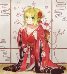 Rule 34 | 10s, 1girl, ahoge, blonde hair, blush, breasts, cleavage, commentary, fate/extra, fate/grand order, fate (series), floral print, flower, green eyes, hair flower, hair intakes, hair ornament, hair ribbon, indoors, japanese clothes, kimono, kneeling, large breasts, long sleeves, looking at viewer, mochii, nero claudius (fate), nero claudius (fate) (all), nero claudius (fate/extra), obi, red flower, red kimono, red ribbon, red rose, ribbon, rose, sash, smile, solo, wide sleeves