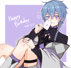 Rule 34 | 1boy, absurdres, black shirt, blue hair, braid, bright pupils, card, closed mouth, commentary request, cross, cross earrings, crossed bangs, dated, diamond facial mark, earrings, feet out of frame, grey jacket, grey shorts, hair between eyes, happy birthday, heart, highres, holding, holding card, jacket, jacket partially removed, jewelry, kazamine (lenkontips), long bangs, long hair, looking at viewer, mahjong soul, male focus, multiple rings, necktie, playing card, purple eyes, purple necktie, ring, ryan (mahjong soul), shirt, shorts, side braid, single braid, smile, solo, two-tone necktie, white pupils