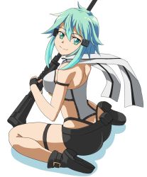 Rule 34 | 10s, 1girl, alternate breast size, anti-materiel rifle, ass, bare legs, bolt action, breasts, butt crack, female focus, from behind, green eyes, green hair, gun, highres, large breasts, matching hair/eyes, pgm hecate ii, ranobe-senka, rifle, sinon, sitting, skindentation, smile, sniper rifle, solo, sword art online, thigh strap, thighs, wariza, weapon