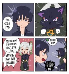 Rule 34 | 1boy, 1girl, absurdres, alternate costume, animal, animal ears, artist name, black jacket, blunt ends, blush, bow, bowtie, cat, cat ears, cat tail, closed eyes, closed mouth, collared jacket, comic, commentary, dress, english commentary, english text, eyeliner, fang, genshin impact, gold, green bow, green dress, green hair, grey bow, grey bowtie, grey hair, hair between eyes, hair bow, hair ornament, hands up, highres, holding, holding animal, hug, jacket, jewelry, leaf, leaf hair ornament, long hair, long sleeves, looking at another, looking to the side, multicolored hair, nahida (genshin impact), necklace, no headwear, open clothes, open jacket, open mouth, pink background, pointy ears, ponytail, purple background, purple eyes, purple fur, purple hair, red eyeliner, scaramouche (cat) (genshin impact), scaramouche (genshin impact), shirt, short hair, side ponytail, simple background, smile, standing, sweat, sweatdrop, t-shirt, tail, teeth, two-tone hair, v-shaped eyebrows, white shirt, wide sleeves, wing collar, wokiiarts
