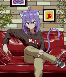 Rule 34 | 1girl, absurdres, animal ears, breasts, cat ears, cat girl, cat tail, chun 1234567, couch, crossed legs, highres, hololive, hood, hoodie, looking at viewer, medium breasts, nekomata okayu, plant, potted plant, purple eyes, purple hair, short hair, sitting, solo, tail, virtual youtuber