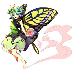 Rule 34 | 1girl, antennae, baba (baba seimaijo), bare arms, barefoot, blue hair, brown eyes, butterfly wings, dress, eternity larva, full body, green dress, hair between eyes, hair ornament, highres, insect wings, leaf, leaf hair ornament, leaf on head, looking at viewer, open mouth, power-up, short hair, smile, solo, touhou, transparent background, wings