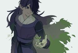 Rule 34 | 1boy, dated, drruraguchi, fengxi (the legend of luoxiaohei), hair over one eye, highres, leaf, long hair, long sleeves, plant, pointy ears, purple eyes, purple hair, shadow, simple background, smile, solo, luo xiaohei zhanji, upper body, white background